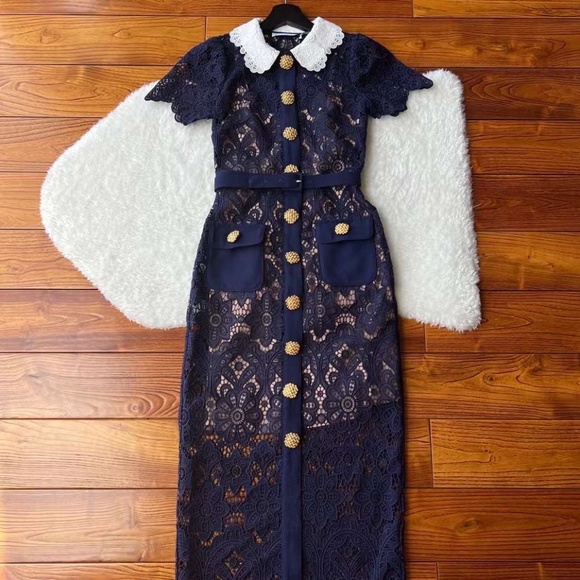 SELF PORTRAIT Collared Floral Guipure Belted Midi Dress - Picture 4 of 11